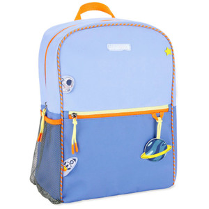 Skip Hop blue kids backpack with orange trim, space-themed patches including astronaut, rocket and planet designs