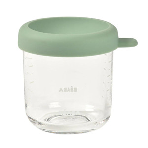 BEABA glass storage jar with sage green silicone lid and small tab, 250ml capacity, clear body showing measurement markings