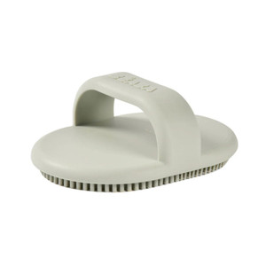 BEABA silicone bath brush in soft grey with oval bristled base and curved handle shown on white background