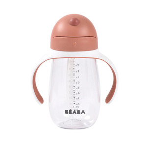 BEABA terracotta and clear straw cup with handles and measurement markings, 300ml capacity, shown on white background