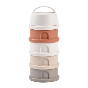 BEABA stackable formula and snacks container in terracotta, white and grey with four compartments and white lid with handle