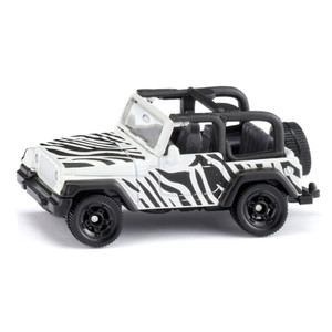 SIKU Jeep Wrangler open-top safari in white and black zebra-stripe livery - three-quarter front-left view showing roll bars