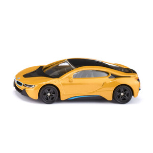 SIKU BMW i8 golden yellow hybrid sports car - left side profile showing black roof and blue sill accent trim