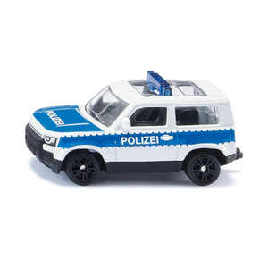 Siku white and blue German Polizei Land Rover Defender diecast toy police vehicle with roof light bar on white background