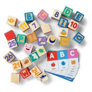 Ms Rachel Blocks and Activity Cards box showing product features and age