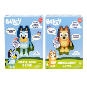 Bluey Hide and Seek interactive talking toy game featuring Bluey and Bingo character figures in blue and orange packaging