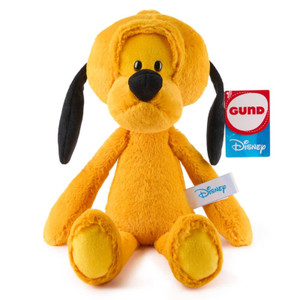 Disney Gund Pluto plush toy in golden yellow with long black ears, sitting against white background with brand tags