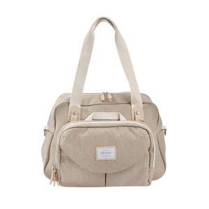Beaba Geneva II nappy bag in eco clay beige linen fabric with front pocket and shoulder straps on white background