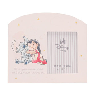 Disney baby photo frame in pale pink featuring Lilo and Stitch illustration with love you more than stars quote and castle