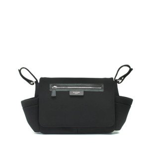 Storksak black scuba stroller organiser with silver zip and dual attachment straps on white background