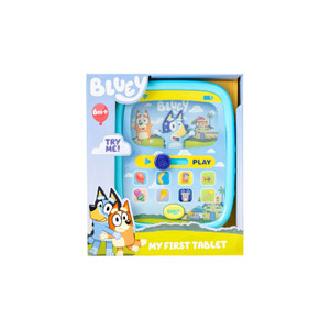 Bluey My First Interactive Tablet for Babies in retail packaging showing Bluey and Bingo characters and colourful app-style buttons