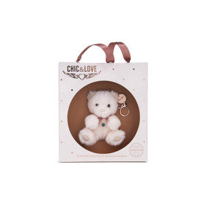 Chic & Love white fluffy teddy bear bag charm with rose gold keyring in pink branded gift box with ribbon handles