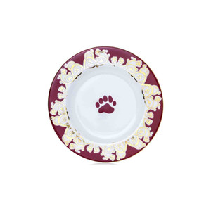 Charlie Bears fine bone china plate with paw print design, burgundy rim with 22ct gold scrollwork edging