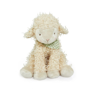 Cream plush sheep toy with curly wool texture, green gingham neckerchief and embroidered face by Bunnies by the Bay