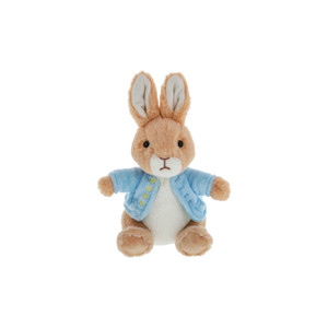 Beatrix Potter Peter Rabbit plush toy with tan fur, blue jacket and white belly sitting against white background