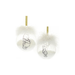 Set of two white feather-topped Christmas baubles with Winnie the Pooh and Piglet sketches