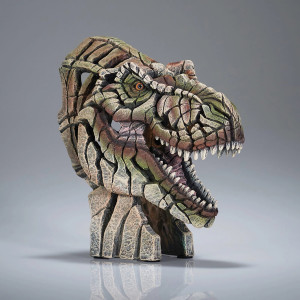 Edge Sculpture miniature T-Rex dinosaur bust figurine with mosaic stone-effect detailing in earthy green, brown and grey