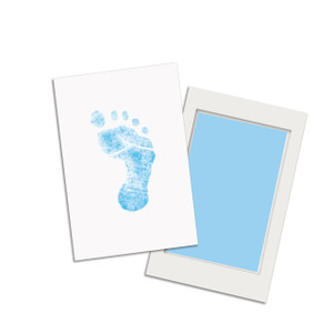 Pearhead blue ink pad with white frame showing baby footprint impression in light blue on white paper