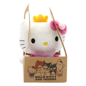 Hello Kitty Princess eco plush 14cm in kraft packaging, front view with yellow crown and pink bow