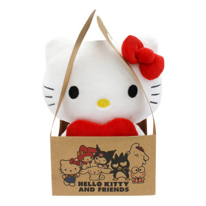 Hello Kitty plush toy with red bow in cardboard carrier bag featuring Sanrio characters illustration