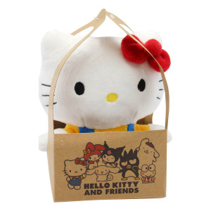 Hello Kitty Classic eco plush 14cm in kraft packaging, front view with red bow and blue overalls