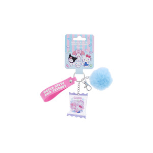 Hello Kitty Sweets pom pom keyring with candy charm and pink wrist strap featuring Kuromi, My Melody