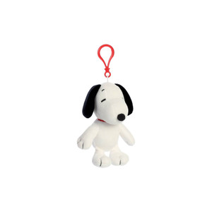 Mini Peanuts Snoopy soft plush keyring with red clip attachment, black ears, and red collar