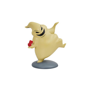 Oogie Boogie mini figurine in dancing pose holding red dice, tan burlap body with black grin, on grey base