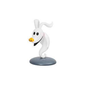 Zero ghost dog mini figurine floating with orange glowing pumpkin nose, white translucent body, on grey base