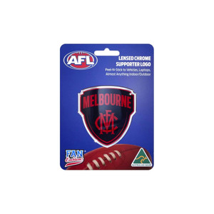 AFL Melbourne Demons 3D domed chrome car decal with red and blue Demons logo on display card