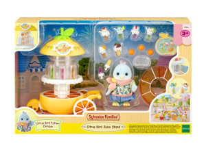 Sylvanian Families Citrus Bird Juice Stand playset with yellow lemon-themed kiosk, bird figure and accessories in box