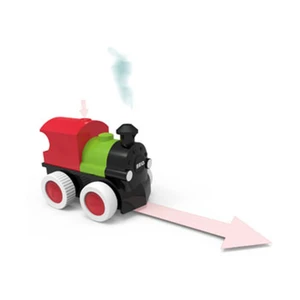 BRIO Steam & Go Train toy locomotive in red, green and black with white wheels, featuring steam effect and directional arrows