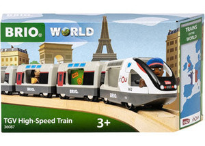 BRIO World TGV High-Speed Train toy set with white locomotive, carriages and Paris landmarks on packaging, ages 3+