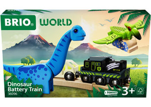 BRIO wooden train set with blue dinosaur figure, green carrier wagon and black battery locomotive on illustrated prehistoric