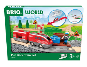 BRIO Pull Back Train Set box showing red toy train, wooden tracks, figurine and accessories on green grass display