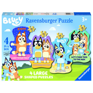 Ravensburger Bluey puzzle box showing 4 large shaped puzzles featuring colourful cartoon dogs with text on light blue