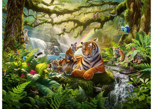 Ravensburger 300 piece jigsaw puzzle featuring tigers, waterfalls and lush jungle wildlife scene with vibrant greenery