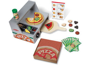 Melissa & Doug wooden pizza play set with felt toppings, toy oven, menu cards and pizza box on white background