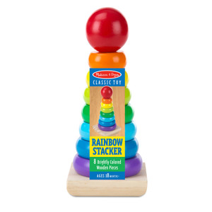 Melissa & Doug Rainbow Stacker with 8 brightly coloured wooden rings and red ball on natural wood base in packaging