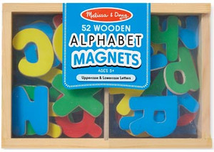 Melissa & Doug wooden alphabet magnets in bright colours displayed in an open wooden storage box with 52 magnetic letters.