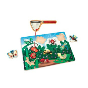 Melissa & Doug magnetic bug catching game with net wand and colourful insect pieces on garden scene board