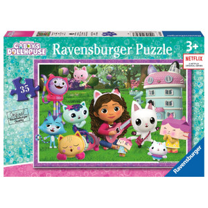 Ravensburger Gabby's Dollhouse 35-piece puzzle box showing colourful characters, girl with guitar and cat-shaped house on