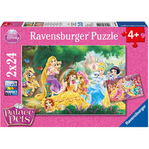 Ravensburger Disney Palace Pets puzzle box showing princesses with their animal companions in a colourful garden scene, 2x24