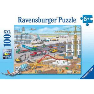 Ravensburger 100 piece XXL puzzle showing bustling airport scene with construction site, planes, cranes and vehicles for