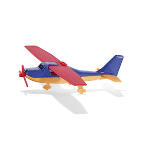 Siku blue and red toy sports aircraft with yellow wings and propeller on white background