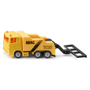 Siku yellow ADAC tow truck diecast model with black towing arm attachment on white background