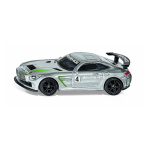 SIKU Mercedes-AMG GT4 silver diecast racing car model with green stripes, number 4 and rear spoiler on white background