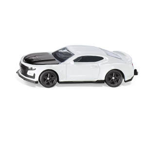 SIKU white Chevrolet Camaro diecast toy car model with black racing stripes and hood, side profile view on white background