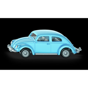 Siku VW Beetle diecast model in light blue with chrome details, side profile view on black background