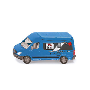 Siku blue campervan toy with grey interior, family on tour decal, and detailed windows shown from side view